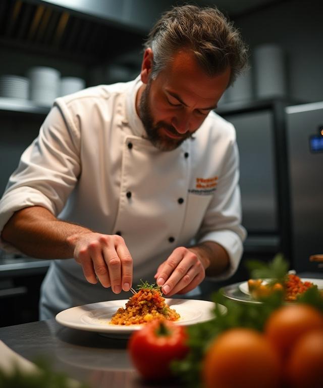 Lo Chef del Ristorante Pepe Rosa mentre finalizza un piatto con passione