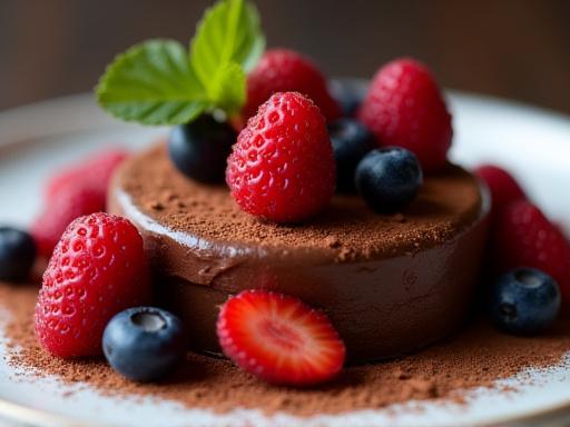 Un dolce al cioccolato servito con frutti di bosco